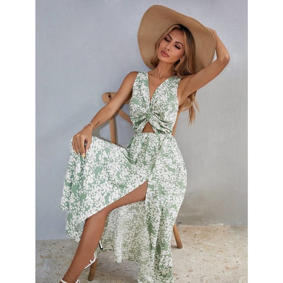 boho Floral print Twist Front cutout Split Hem Dress green - Picture 1 of 4